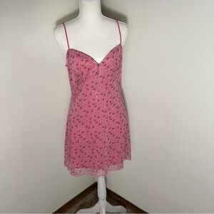 Pink Floral Mesh Mini Dress Spaghetti Strap Sheer Overlay Y2K Style Size L
